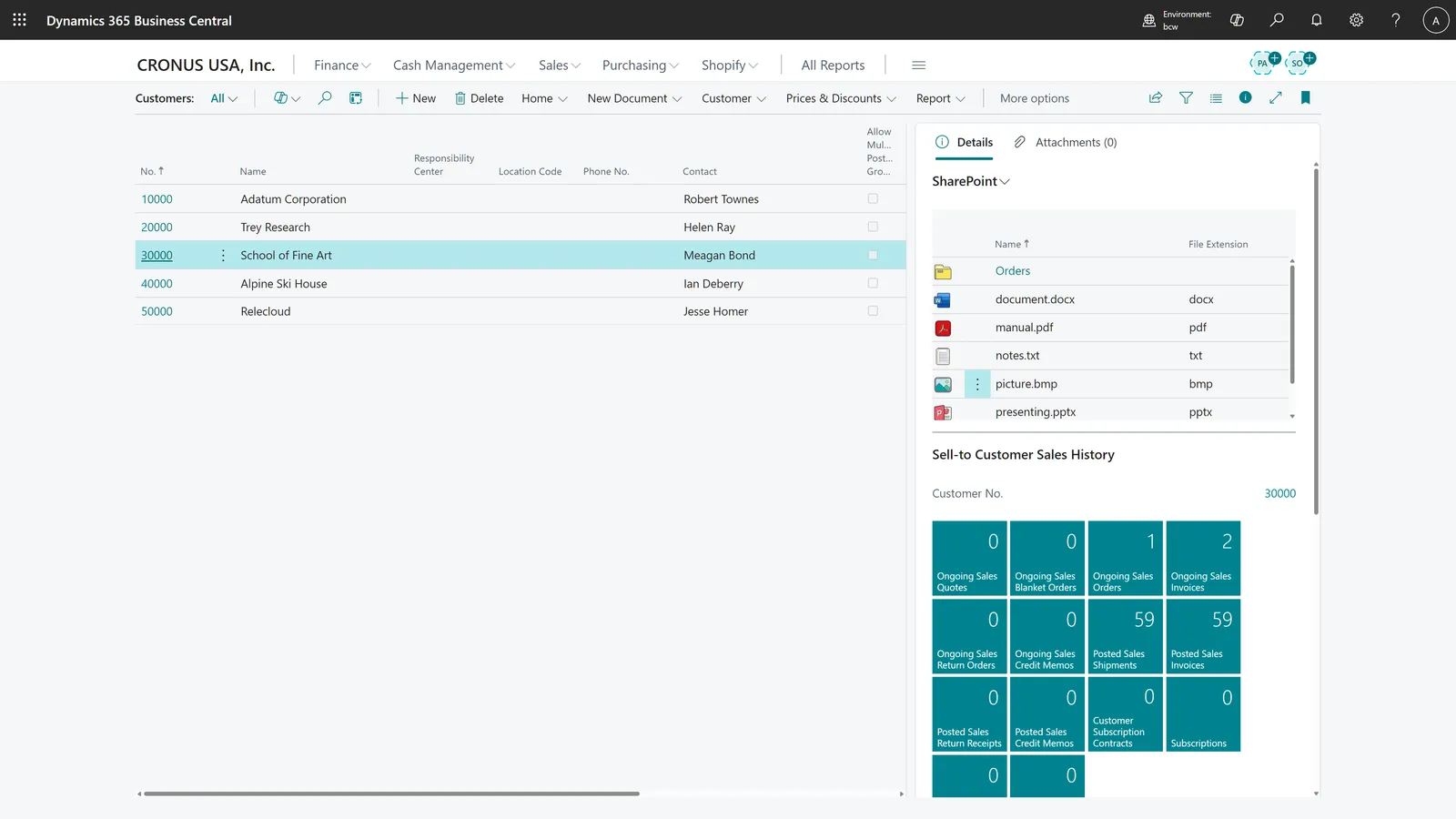 SharePoint Connector for Business Central — customer list interface with documents synced to SharePoint